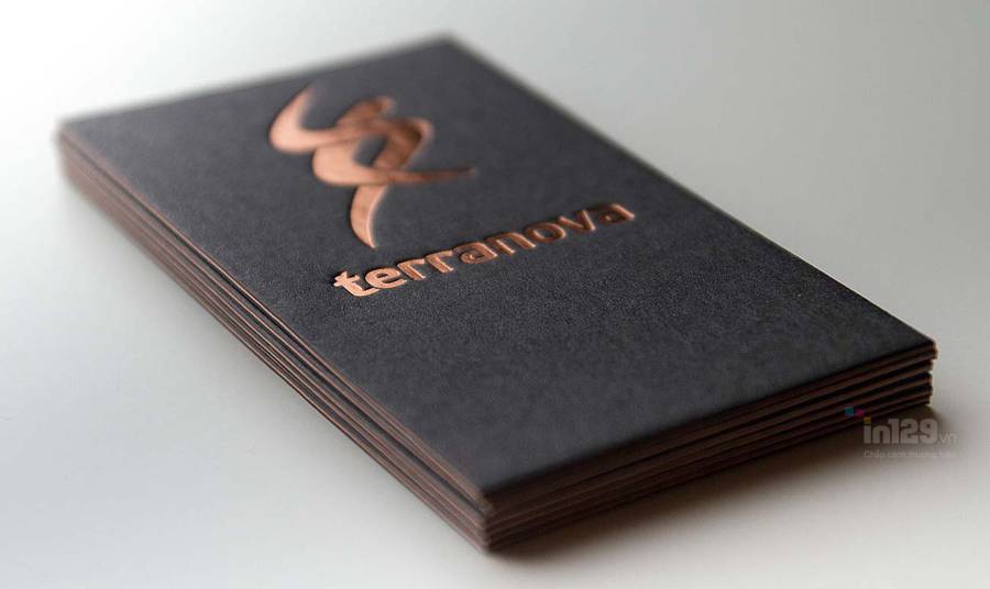 Card visit màu đen ép kim chìm phần logo thương hiệu Terranova