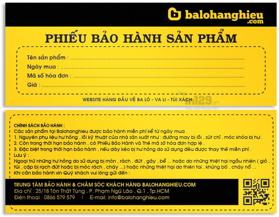 Mẫu in warranty card thương hiệu bán balo trực tuyến Balohanghieu.com