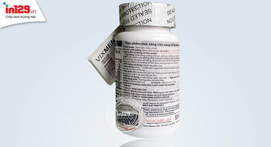 Mẫu tem phụ thực phẩm chức năng viên nang Vitacare được nhập khẩu từ Mỹ do In129.vn thiết kế và in ấn