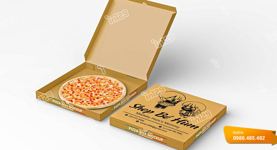 Vỏ hộp giấy đựng pizza đẹp mắt cho Shop Bé Hùm do In129 in ấn và thiết kế