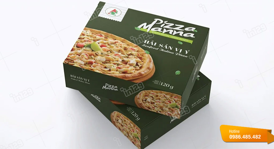 Vỏ hộp giấy chứa bánh pizza của thương hiệu Pizza Manna