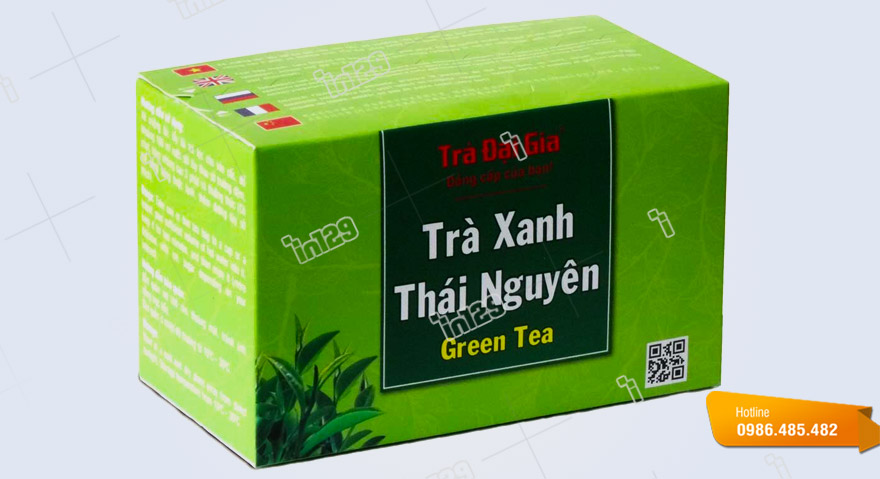 Hộp giấy đựng trà xanh Thái Nguyên với đầy đủ thông tin và mã QR 