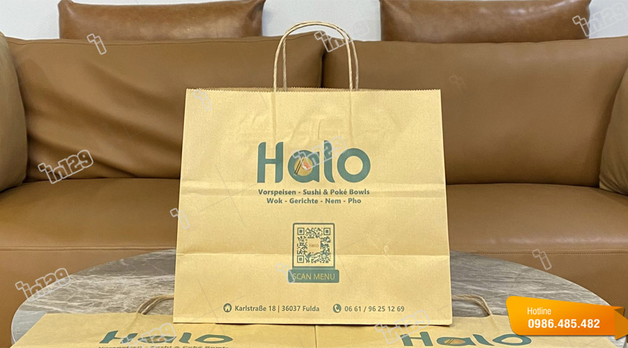 Mẫu túi xách giấy ngang đựng thức ăn thương hiệu Halo