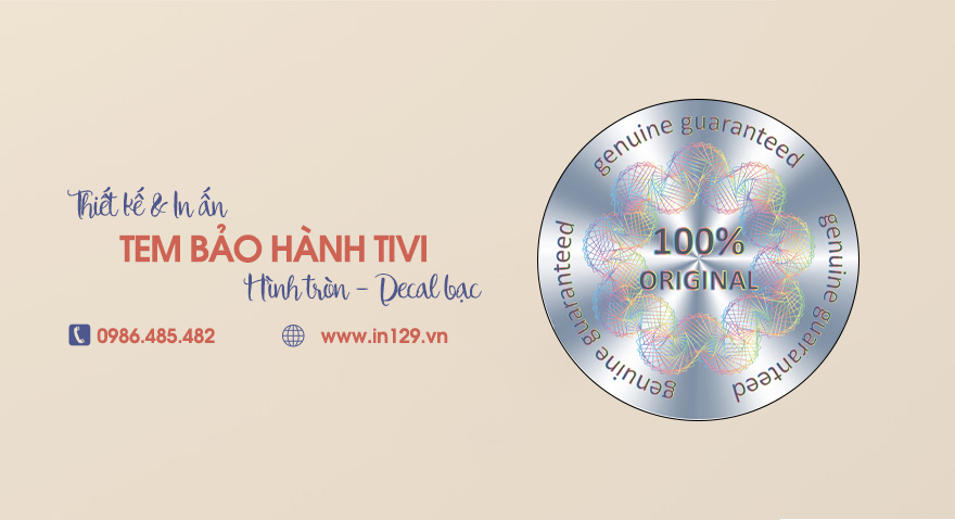 In tem bảo hành ti vi hình tròn decal bạc, free thiết kế