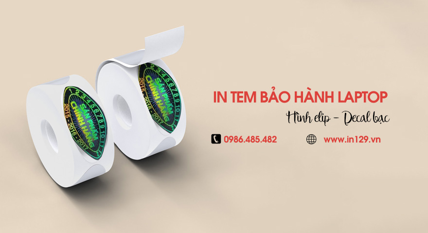 In tem bảo hành máy tính hình elip bằng decal bạc